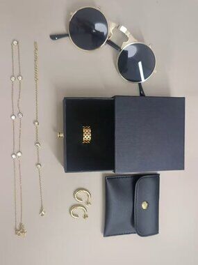 Gold Jewelry & Steampunk Sunglasses Bundle | Station Necklace Ring Earrings
